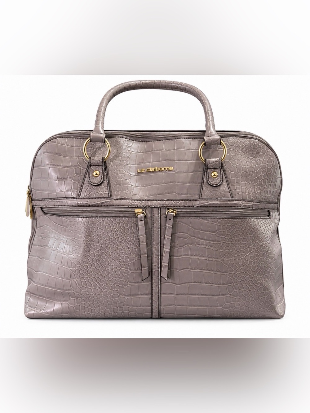 Liz Claiborne Light Gray Croc Embossed Laptop Bag Work Tote Gold Hardware
